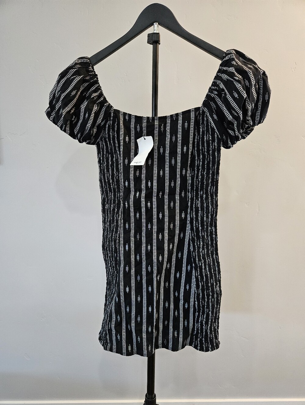 Mango 100% cotton black and white striped off-the-shoulder smocked mini dress